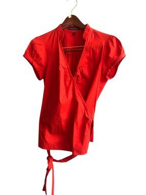 EXPRESS- WOMENS WRAP V-NECK SIDE TIE CLOSURE SHORT SLEEVE REDTOP SIZE MEDIUM
